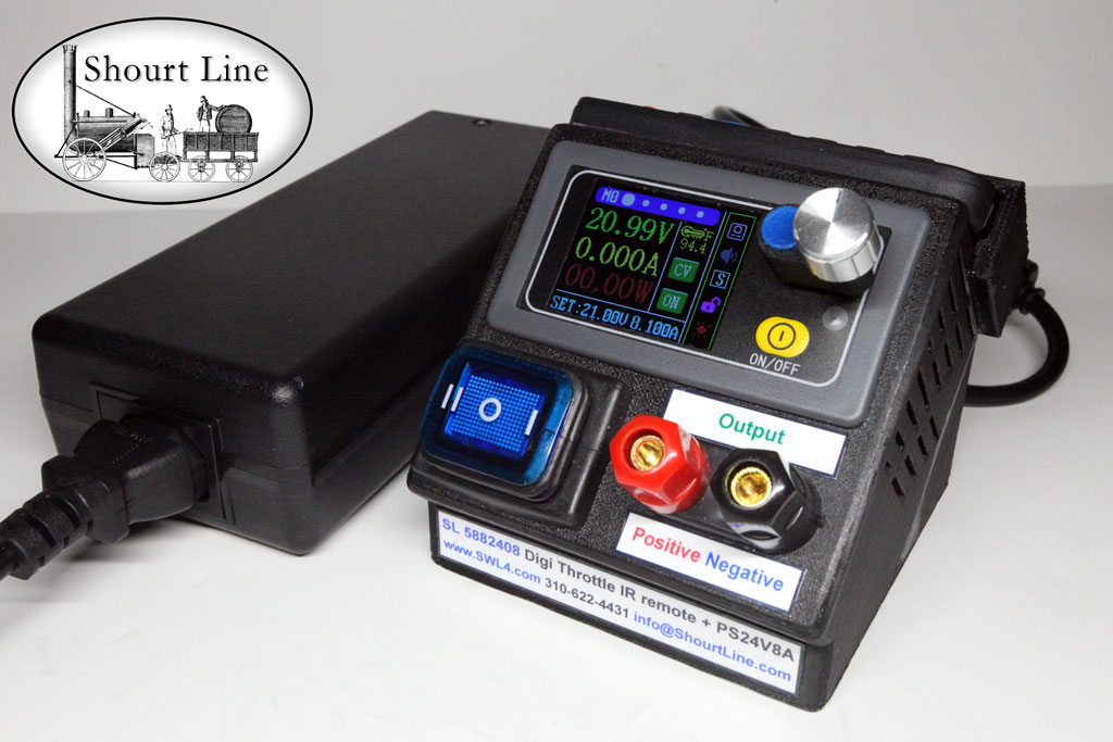 SL-DC-8-SPS-Set: Any Gauge SL 5882408 400W 50V 8.1A Max. Precision Digi Throttle w IR Remote Control + SL 5112408 Regulated PS 24V 8A AC supply w AC cord right top front view with lab output option installed